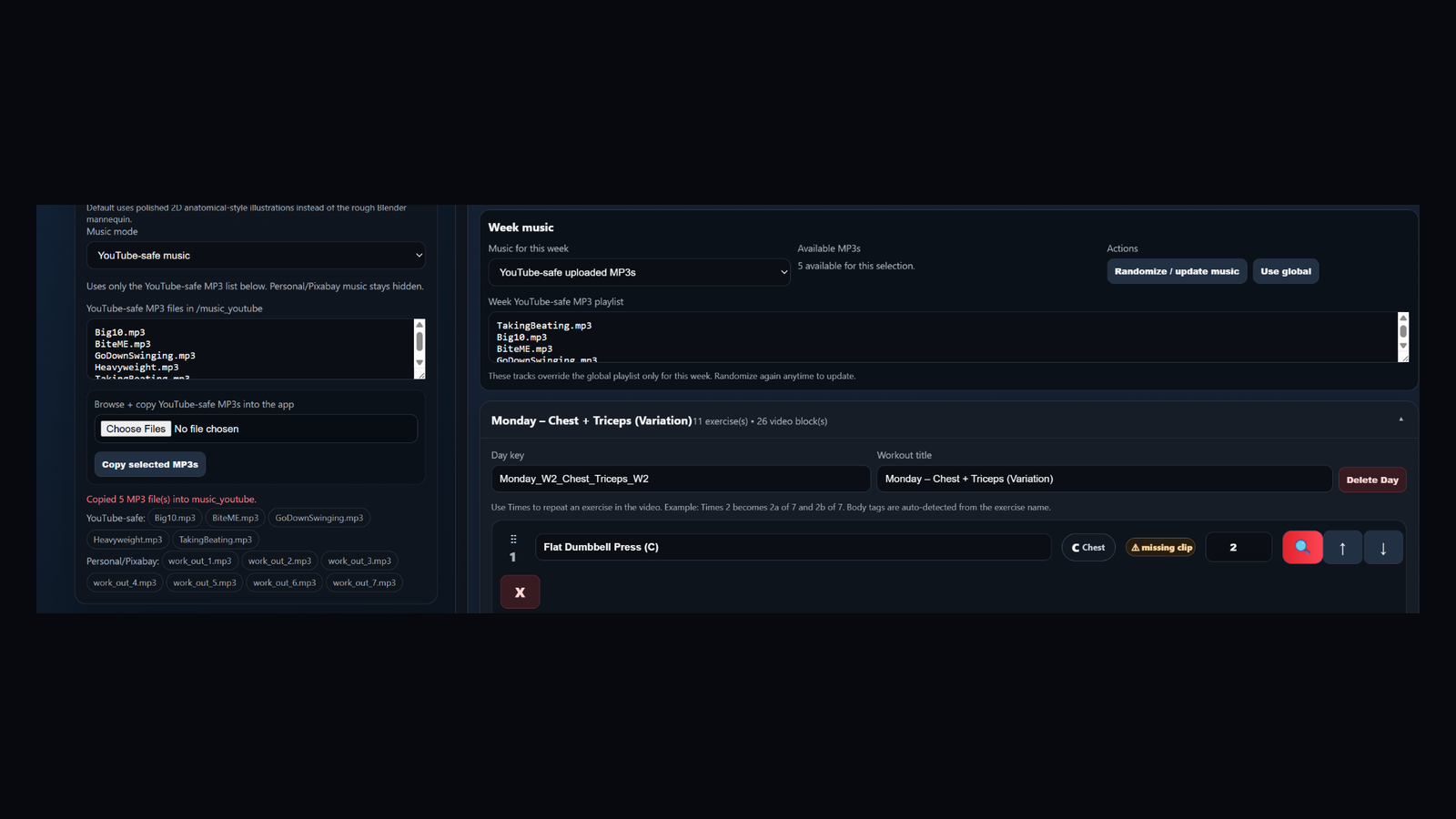 OMR WorkoutStudio planning and video generation interface