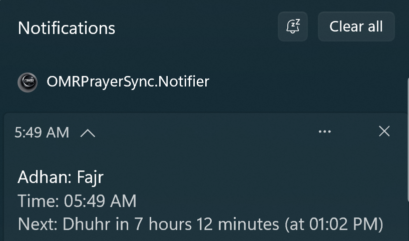 Toast notification screenshot